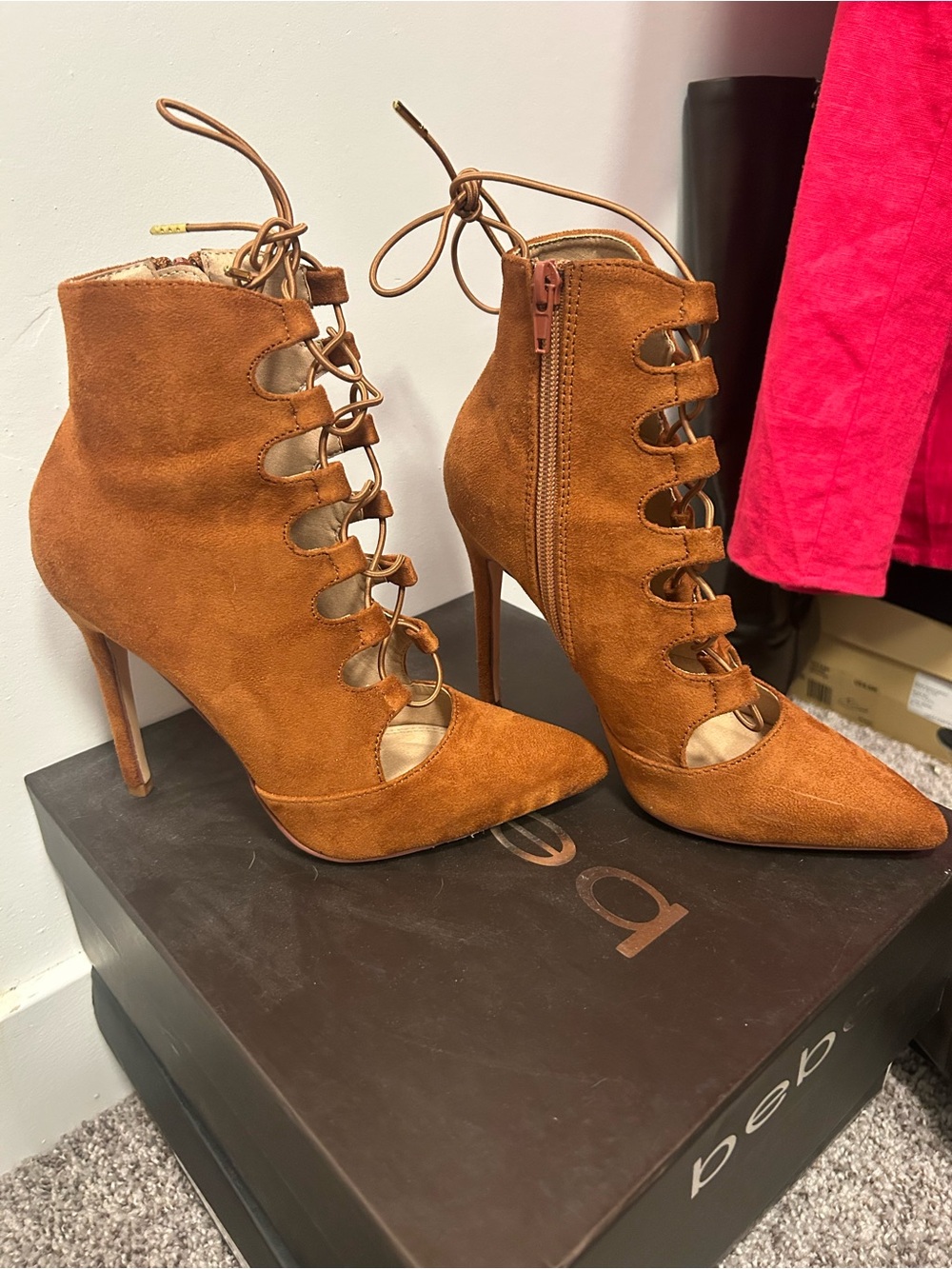 Liliana Rust Suede Lace-Up Pointed-Toe Ankle Booties